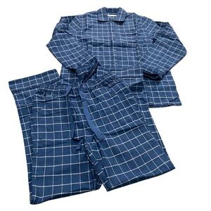 LAKE Navy Blue Windowpane Plaid 2 Pc Pajama Set Mens Flannel Pants Set Size XXS